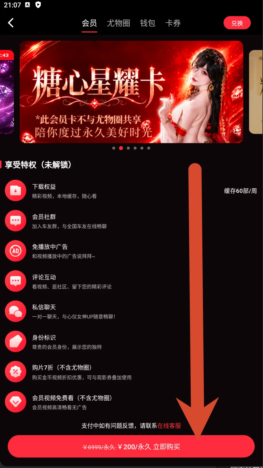 糖心星耀卡权益和200元永久价格截图
