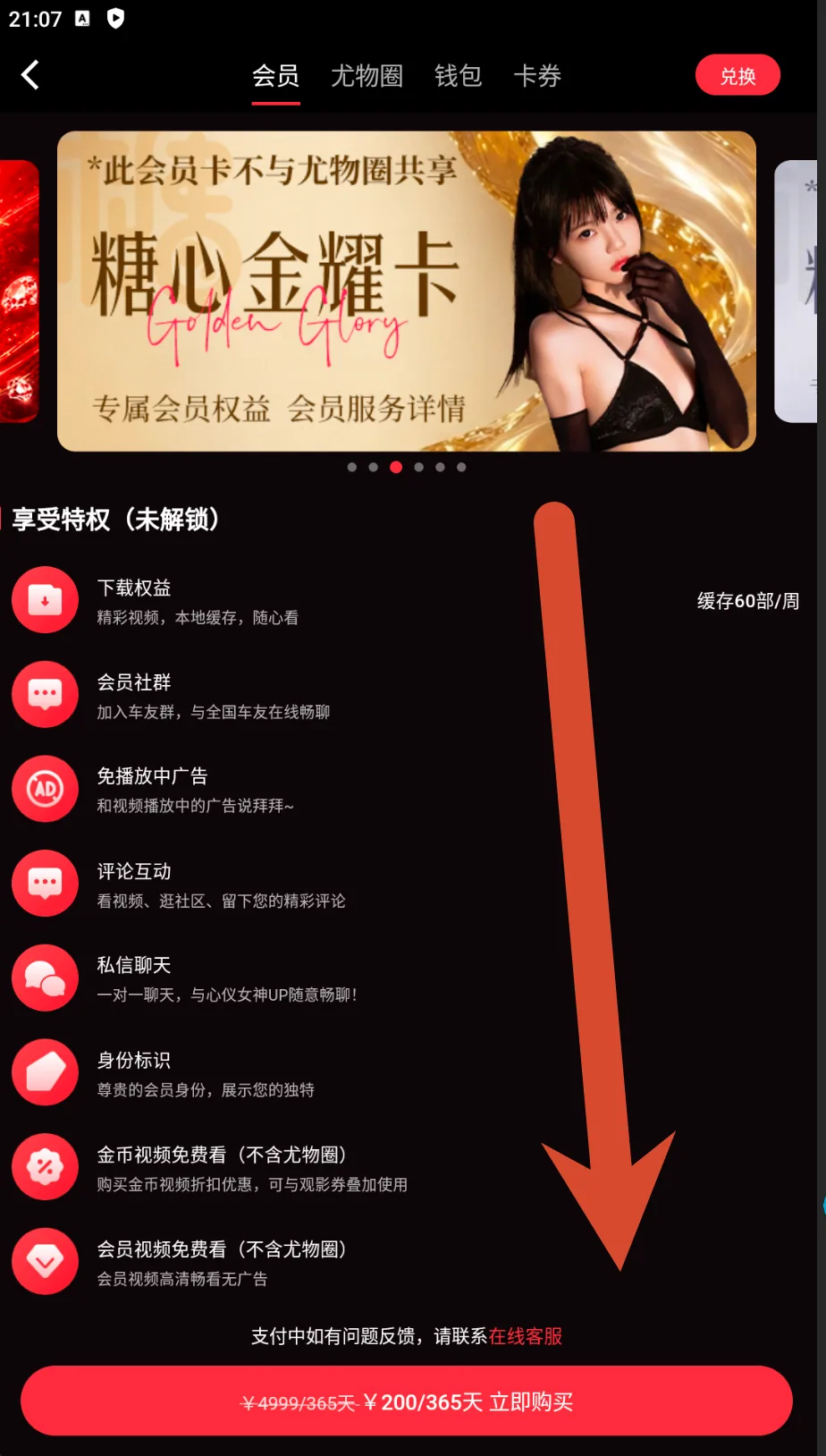 糖心金耀卡权益和200元365天价格截图